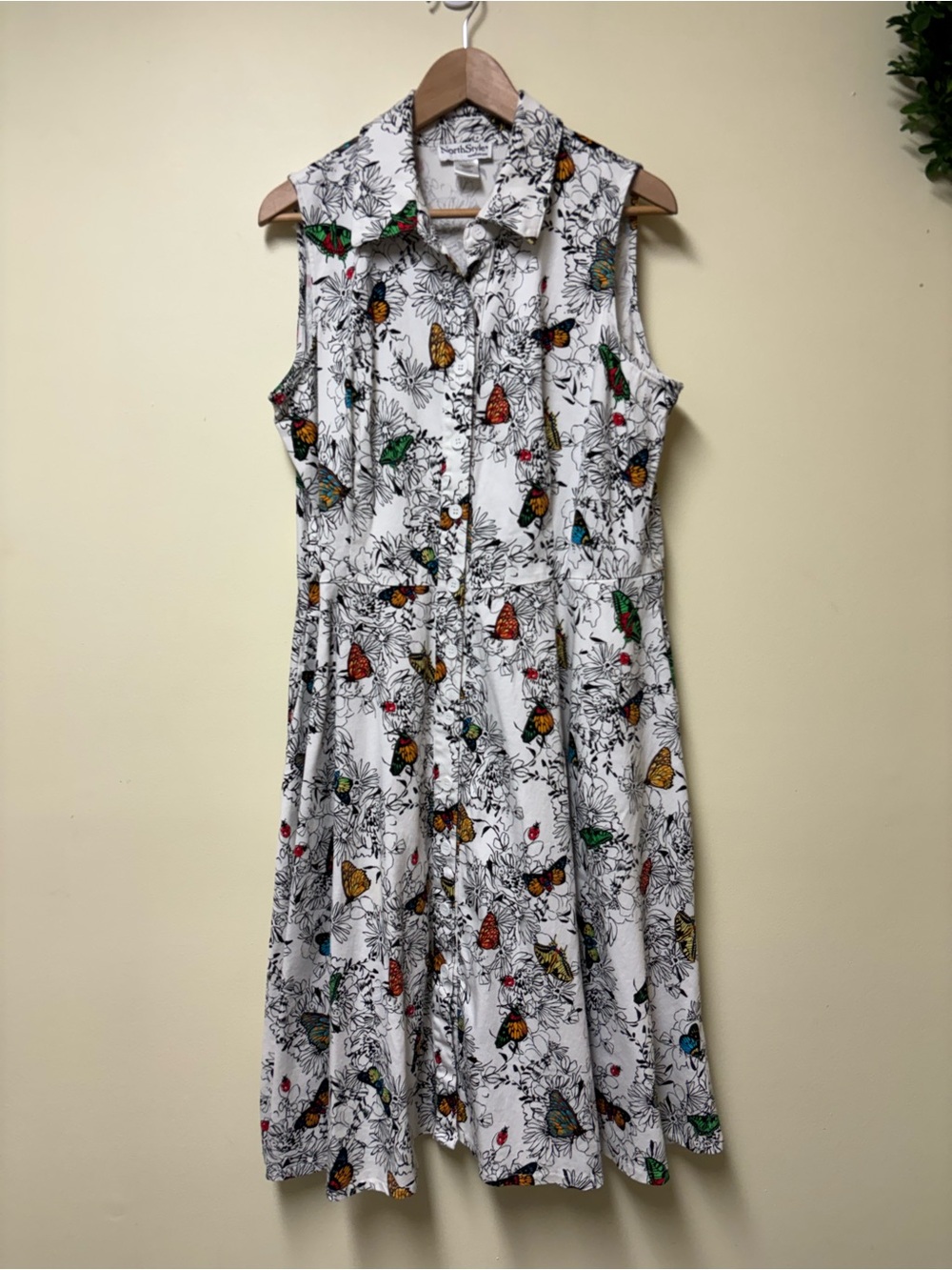 Artsy Colorful Butterfly Button Down Cotton Midi Dress with Pockets 18 XL
